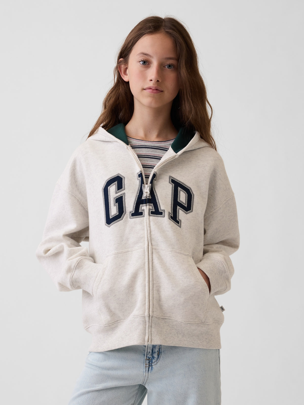 Gap Kids VintageSoft Logo Zip Hoodie in Pale heather grey, front view on a child model