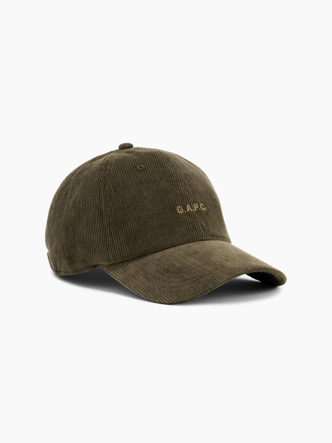 Gap × A.P.C. Logo Corduroy Baseball Hat in Oil Green, product-only angled front view