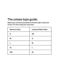 Unisex tops size guide: women's S, M, L, XL and XXL correspond to unisex and men's XS, S, M, L and XL. Men: shop your usual size.