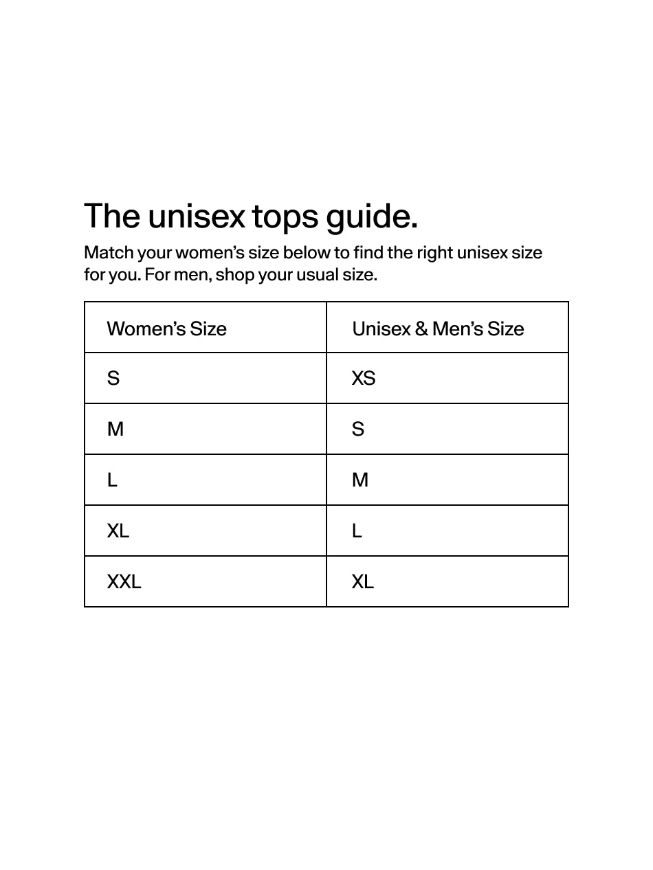 Unisex tops size guide: women's S, M, L, XL and XXL correspond to unisex and men's XS, S, M, L and XL. Men: shop your usual size.