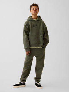 Gap Kids VintageSoft Relaxed Logo Hoodie in Tweed green, full-length view on a child model