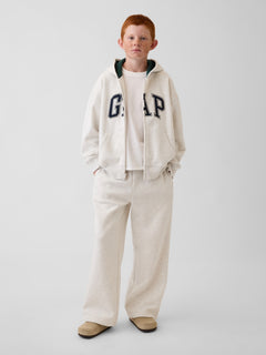 Gap Kids VintageSoft Logo Zip Hoodie in Pale heather grey, full-length view on a child model
