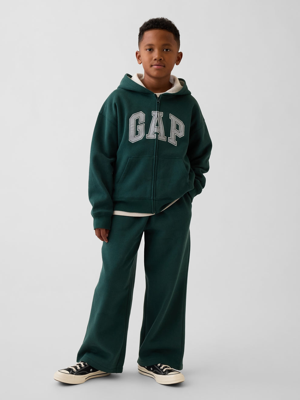 Gap Kids VintageSoft Logo Zip Hoodie in Deep hunter, full-length view on a child model