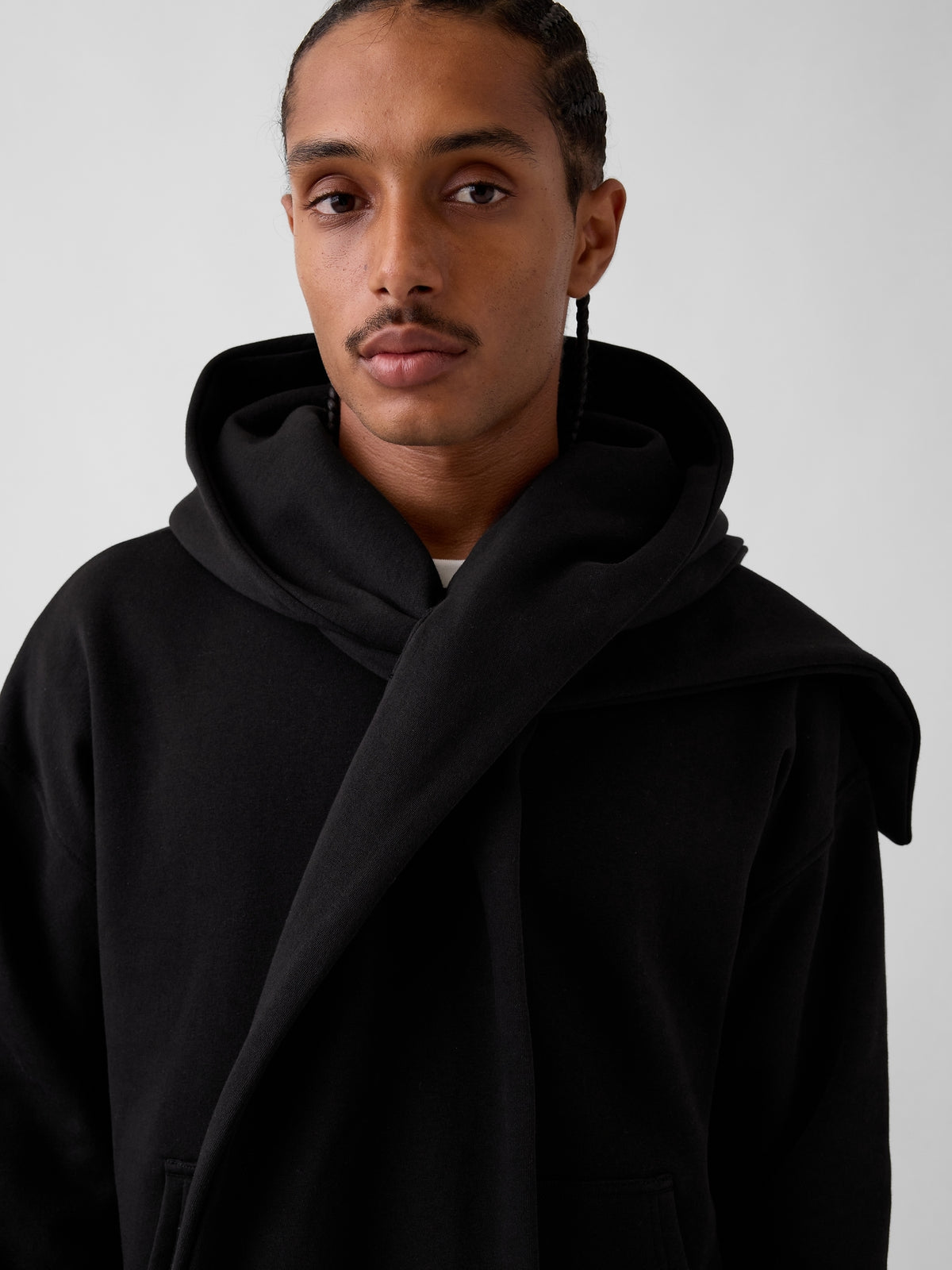 Black VintageSoft oversized scarf hoodie, close-up of the scarf and hood