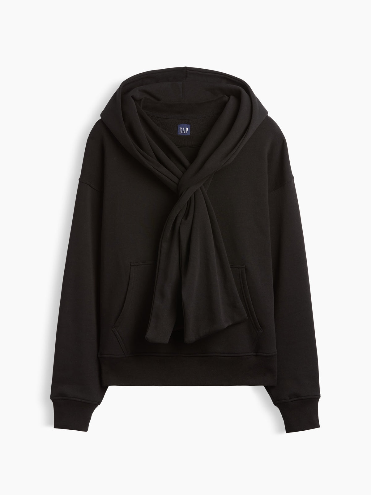 Black VintageSoft oversized scarf hoodie, flat product view with scarf tied