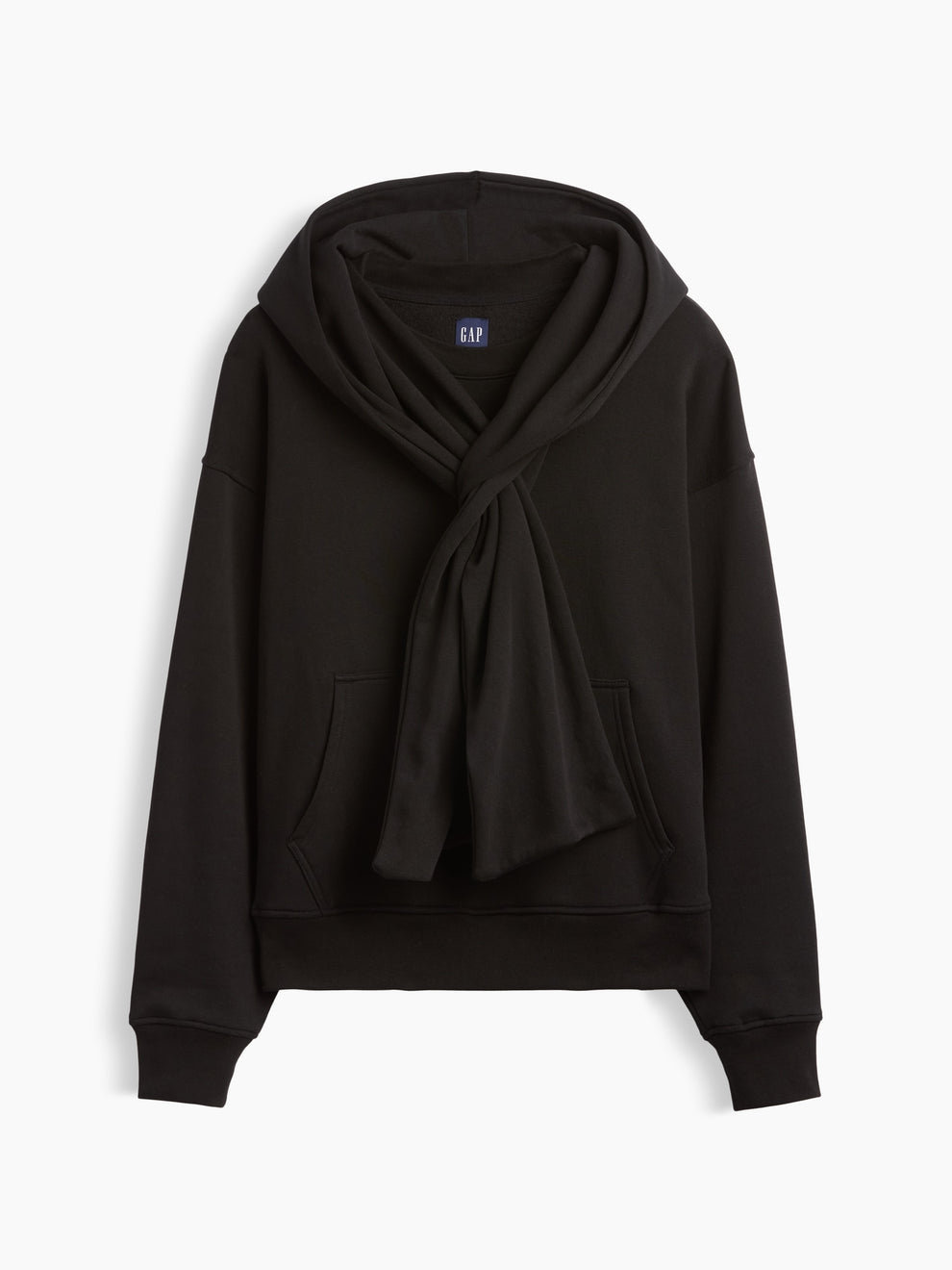 Black VintageSoft oversized scarf hoodie, flat product view with scarf tied