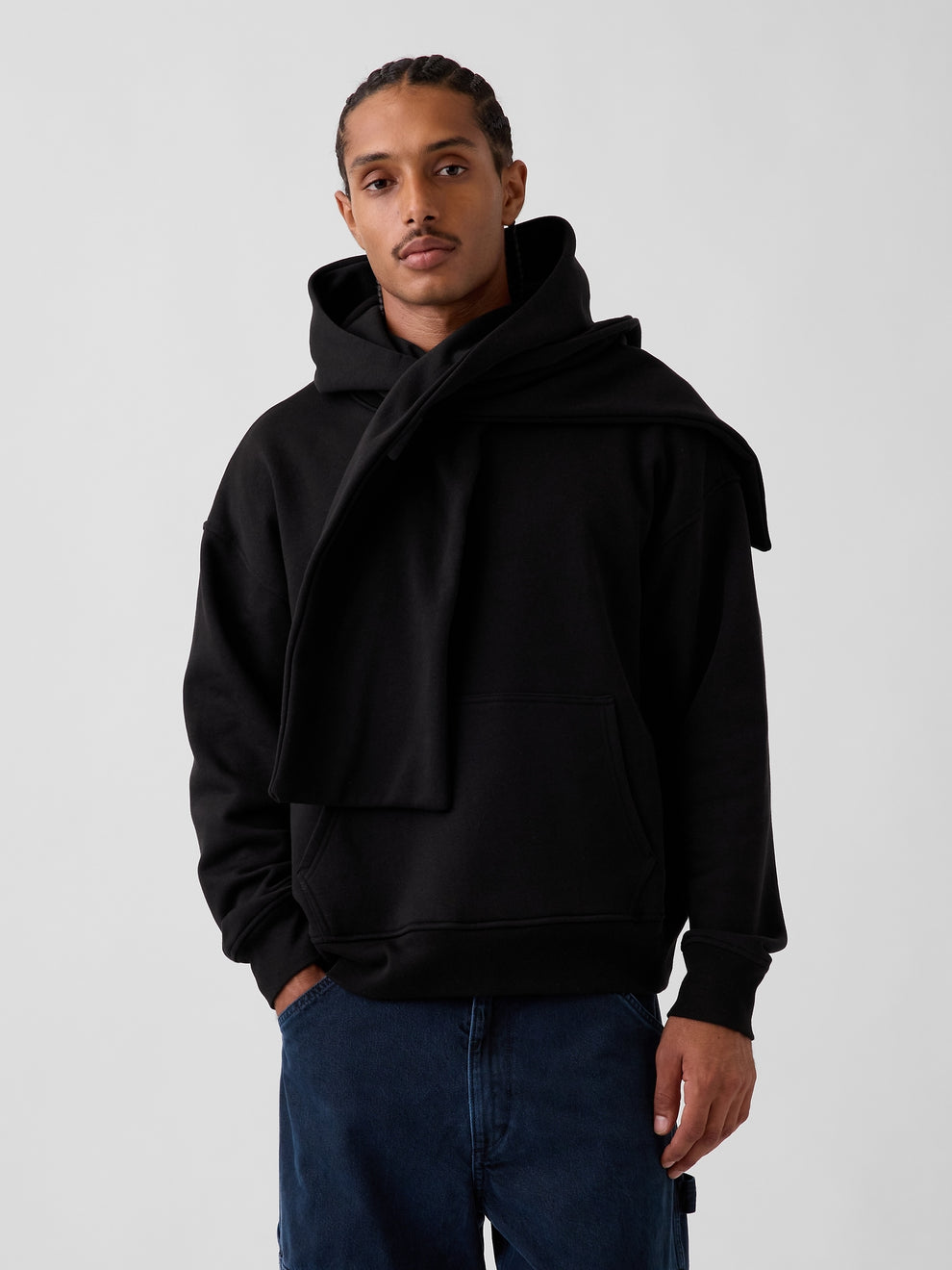Black VintageSoft oversized scarf hoodie, front view with scarf draped over the shoulder