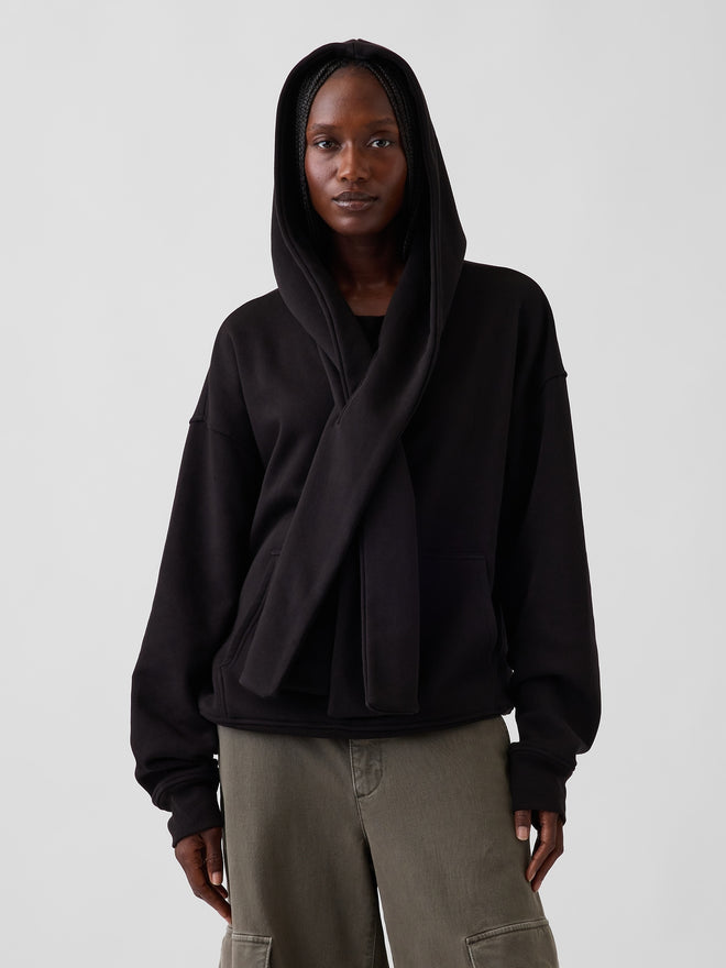 Black VintageSoft oversized scarf hoodie worn with the hood up