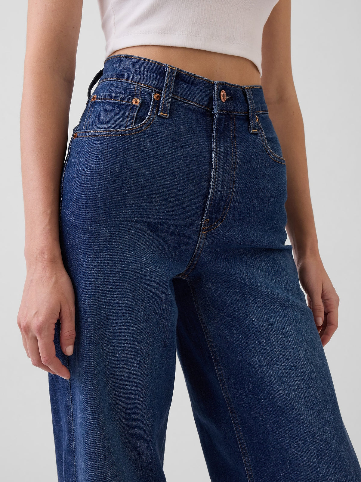 Gap High Rise Stride Wide-Leg Jeans in Dark wash, front pocket and waistband detail