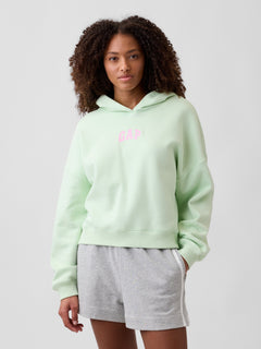 Relaxed Gap Mini-Logo Cropped Hoodie in Pod green, front view on a model