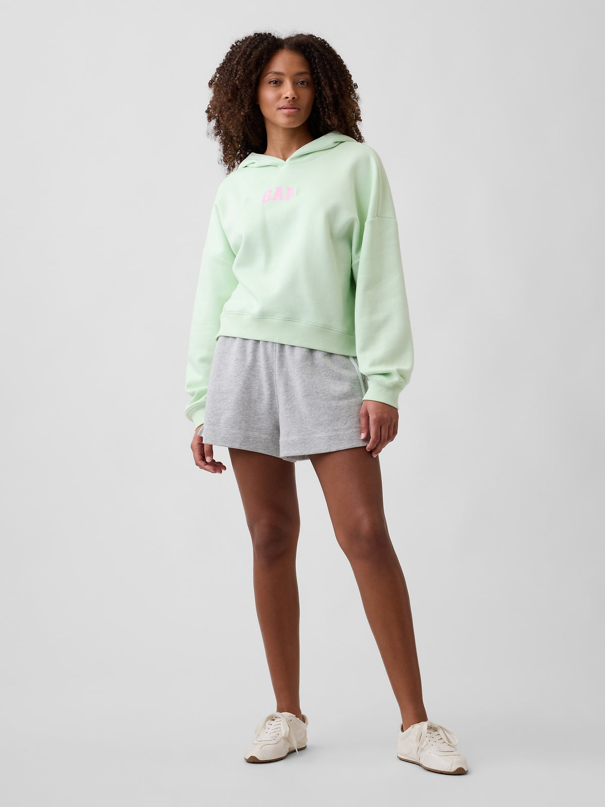 Relaxed Gap Mini-Logo Cropped Hoodie in Pod green, full-length view on a model