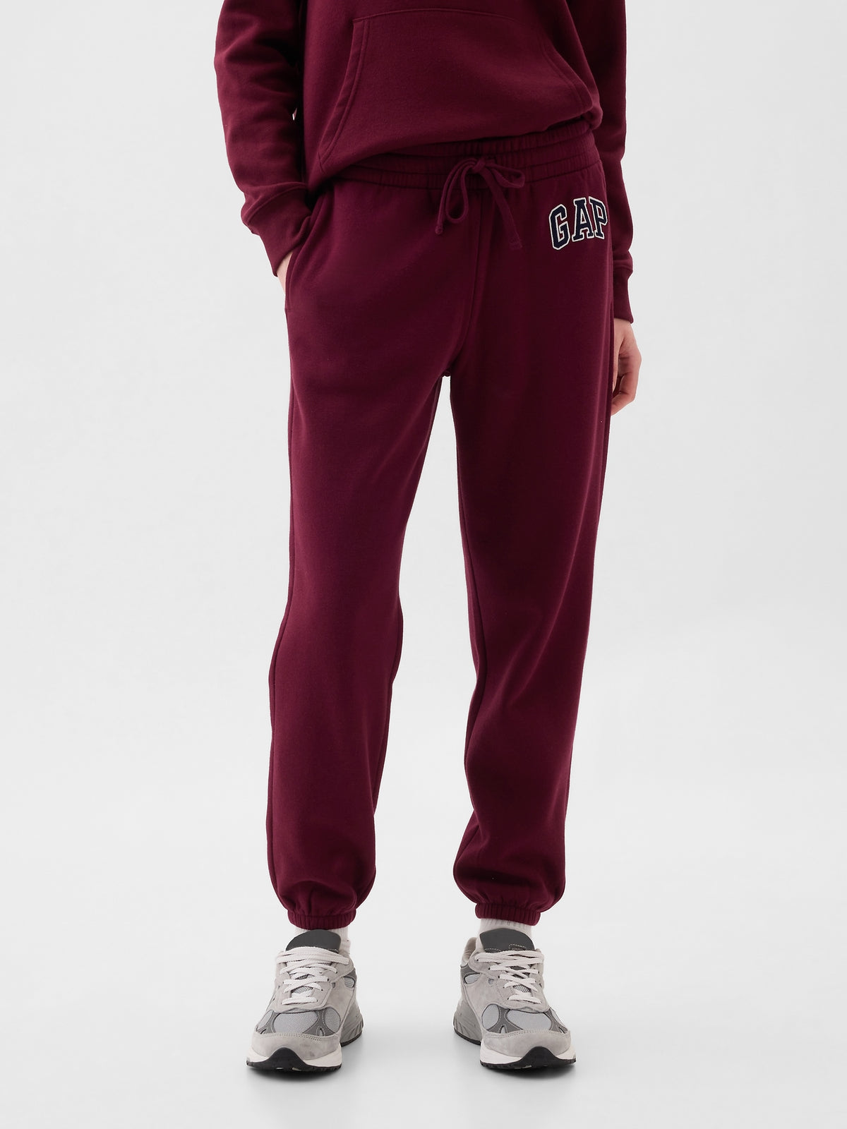 Gap Logo Joggers in ruby wine, front view on a model