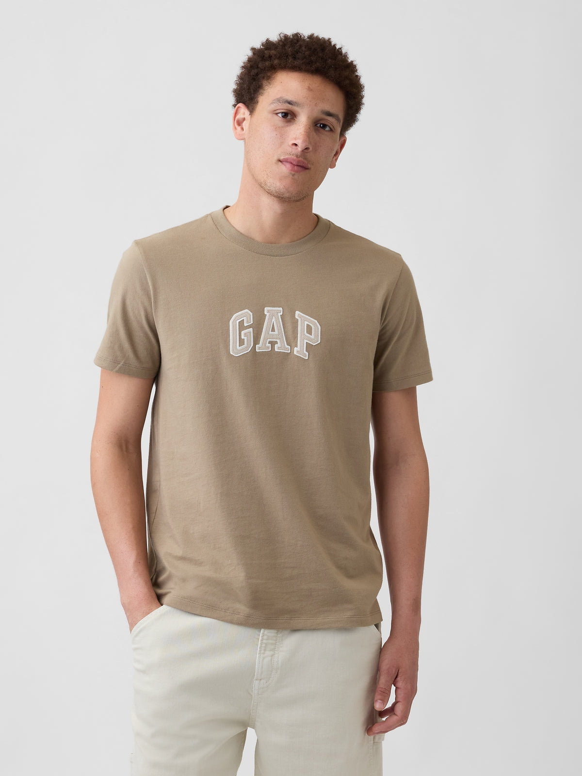 Gap Arch Logo T-shirt in BEACHWOOD, front view on a model