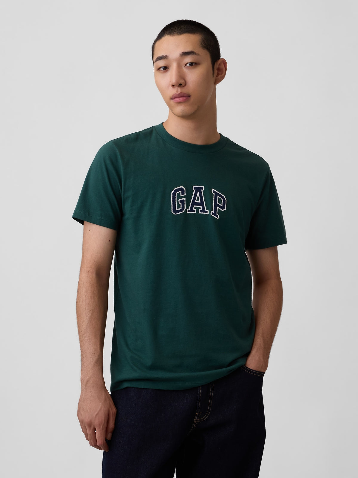 Gap Arch Logo T-shirt in green, front view on a model