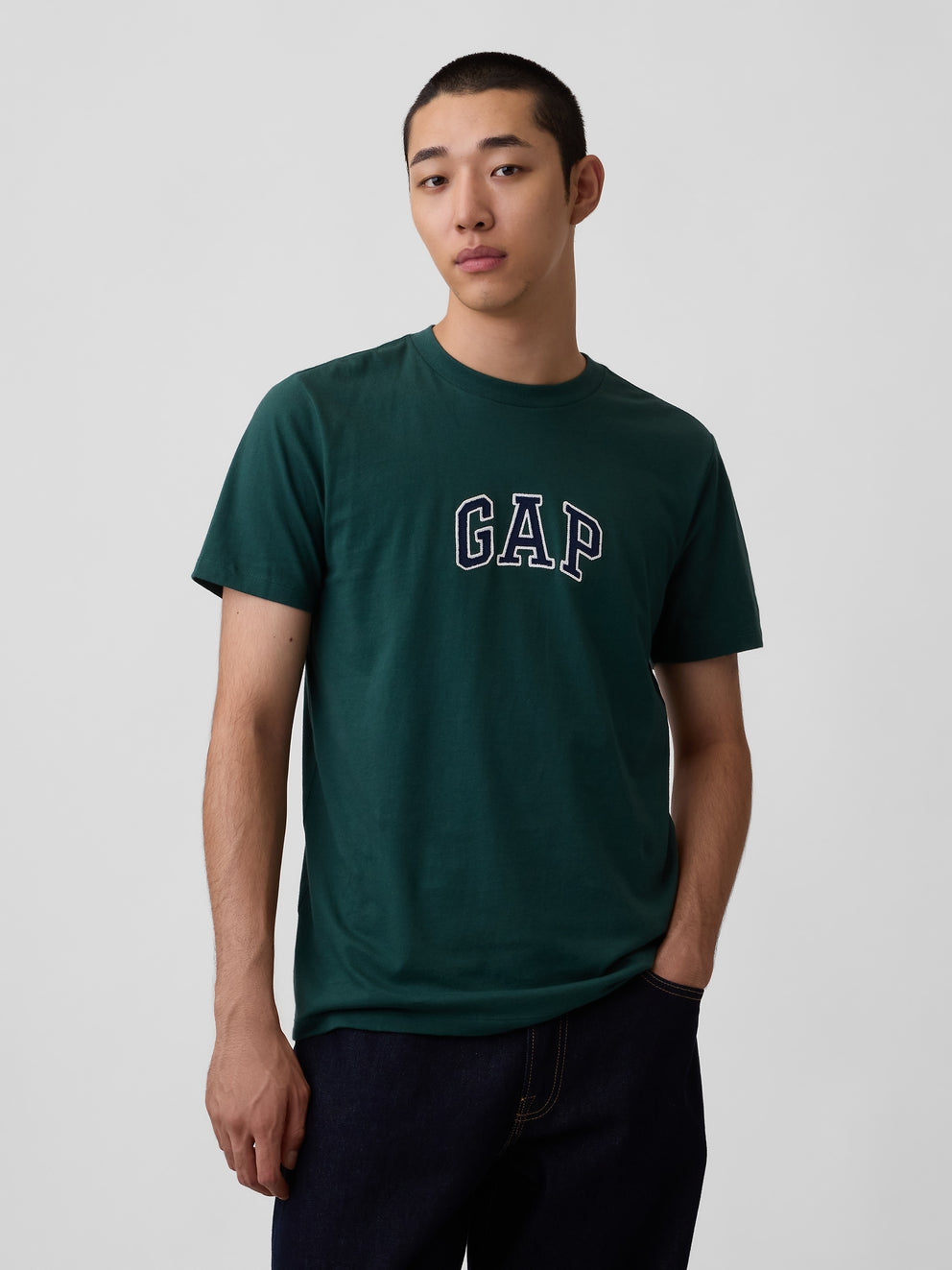 Gap Arch Logo T-shirt in green, front view on a model