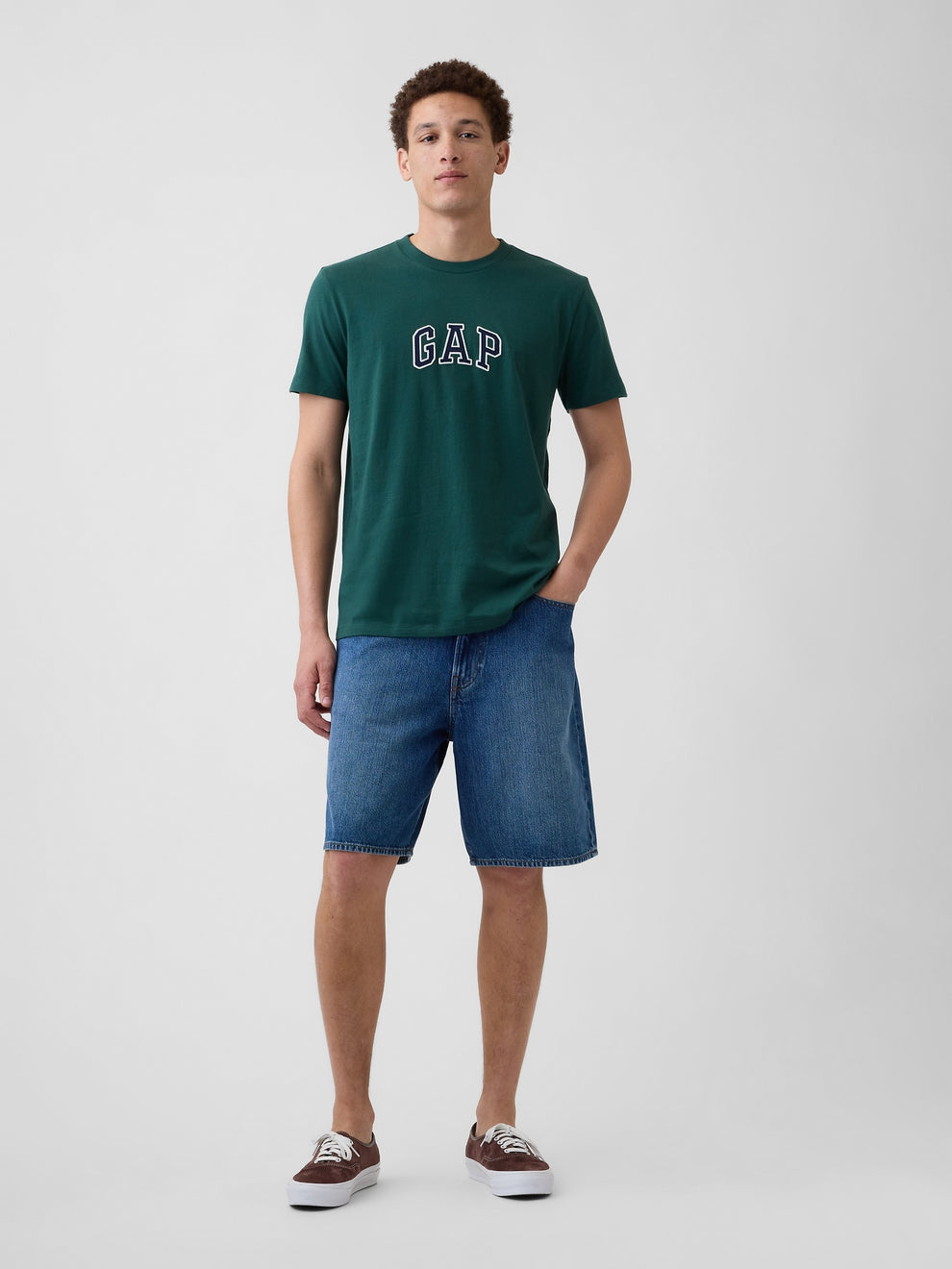 Gap Arch Logo T-shirt in hunter green, full-length view on a model