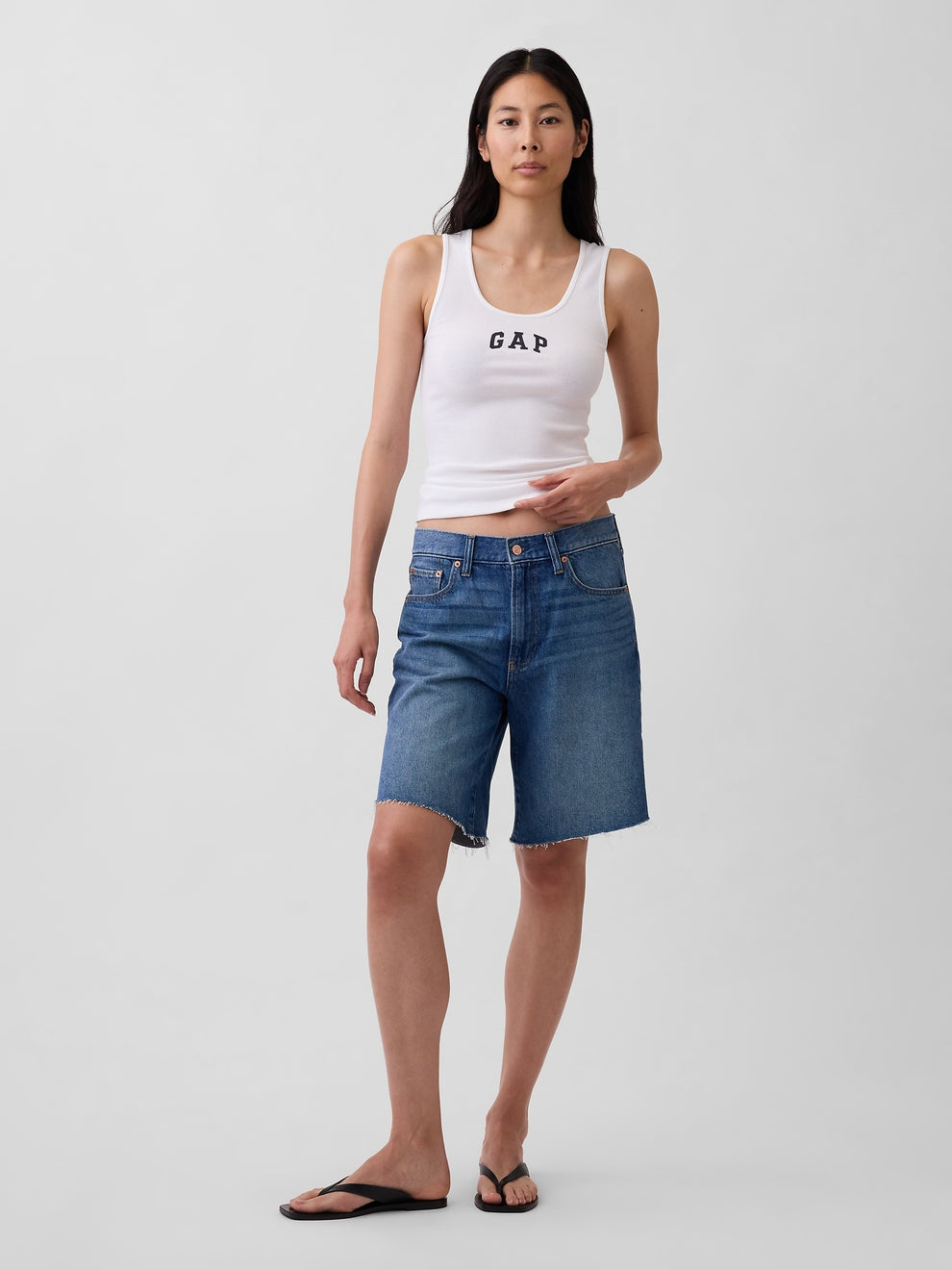 Gap Logo Ribbed Tank Top in white, full-length view on a model