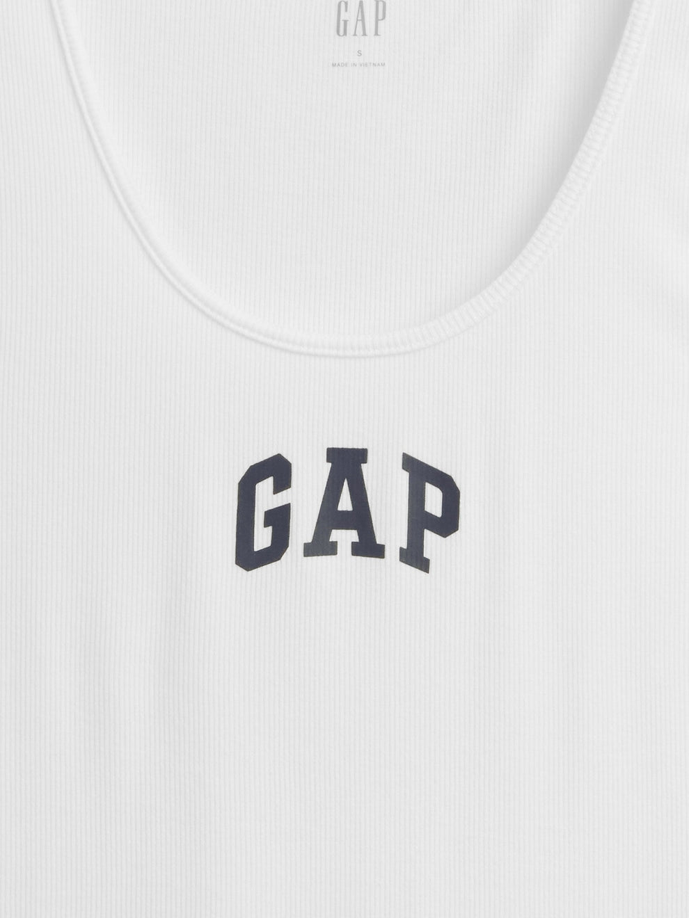 Gap Logo Ribbed Tank Top in white, neckline and logo detail
