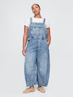 Gap UltraSoft Denim Horseshoe Overalls in Medium indigo, full-length view on a model