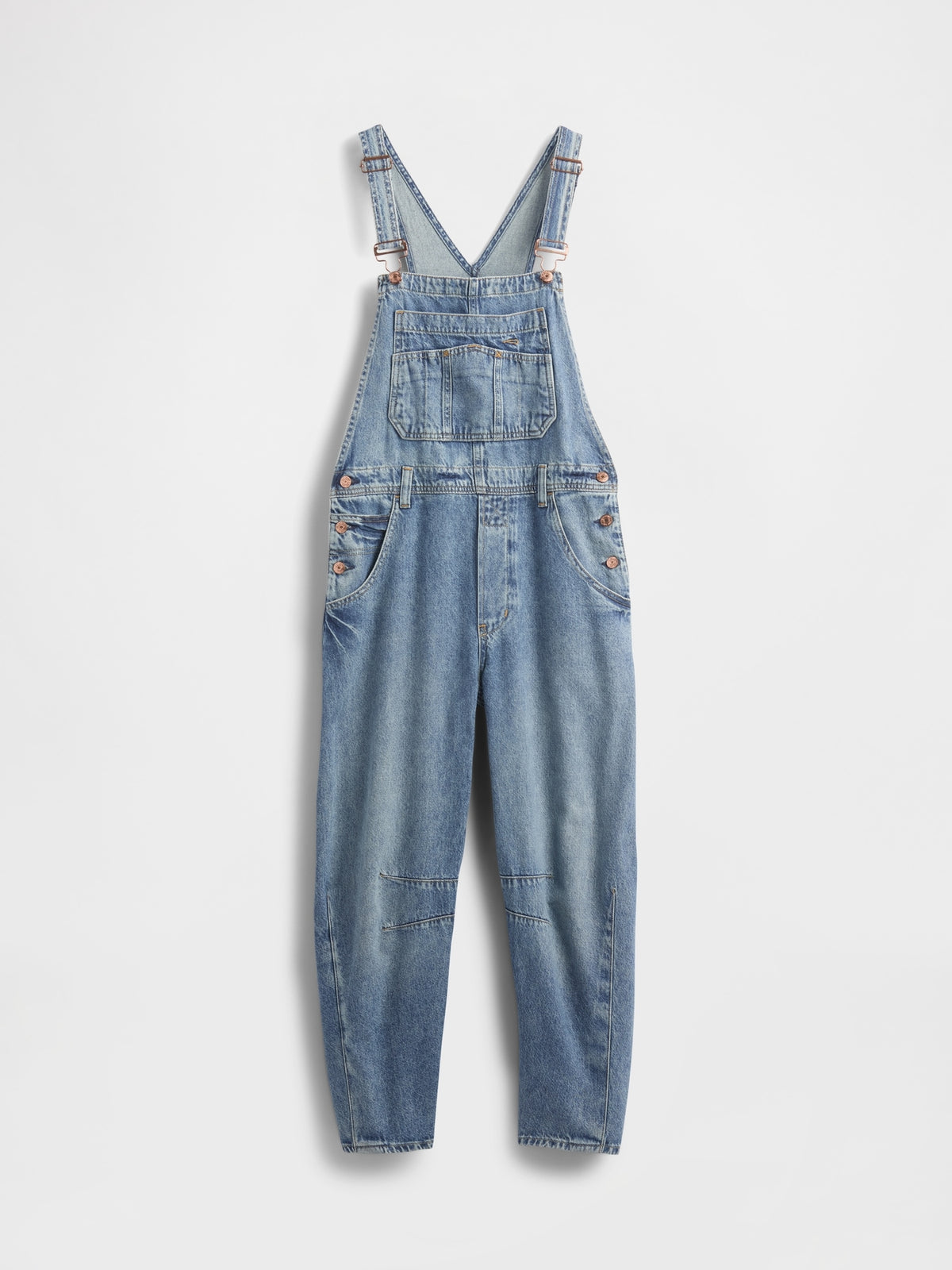 Gap UltraSoft Denim Horseshoe Overalls in Medium indigo, product-only front view