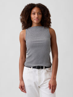 Gap Boatneck Tank Top in black and white gingham, front view on a model