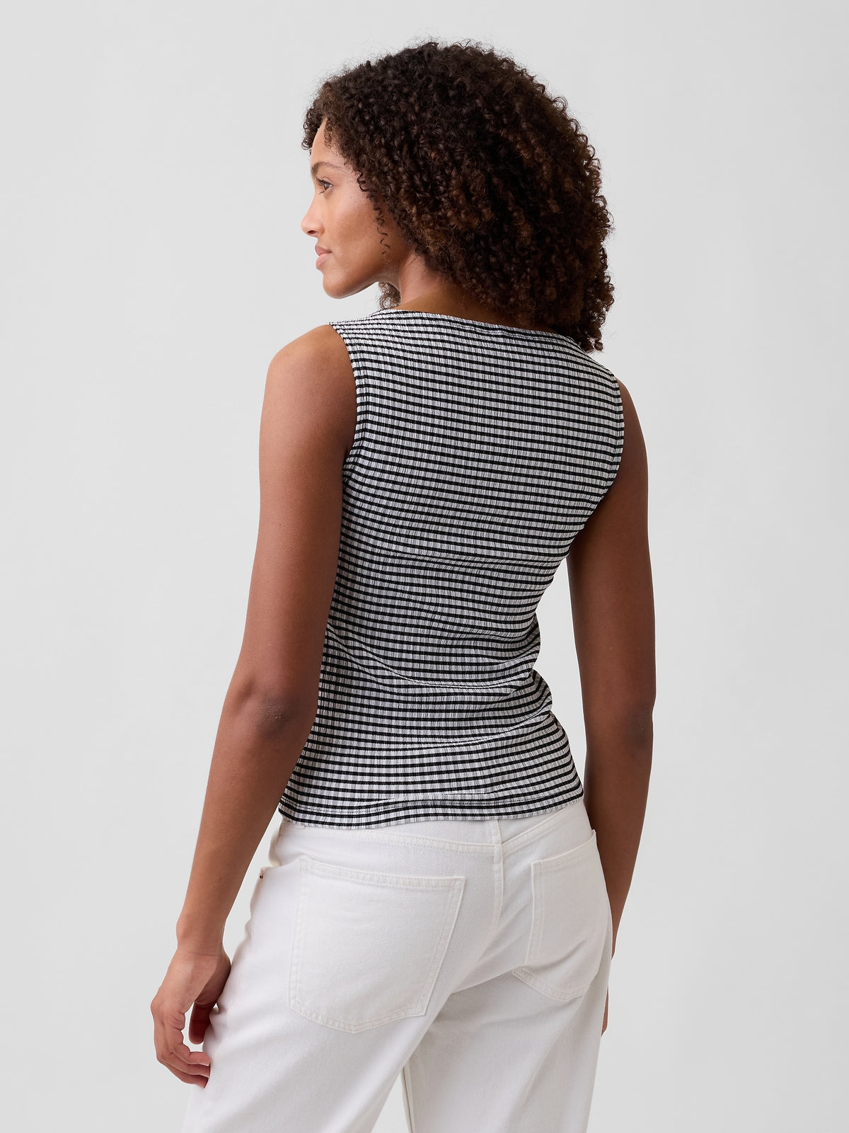 Gap Boatneck Tank Top in black and white gingham, back view on a model