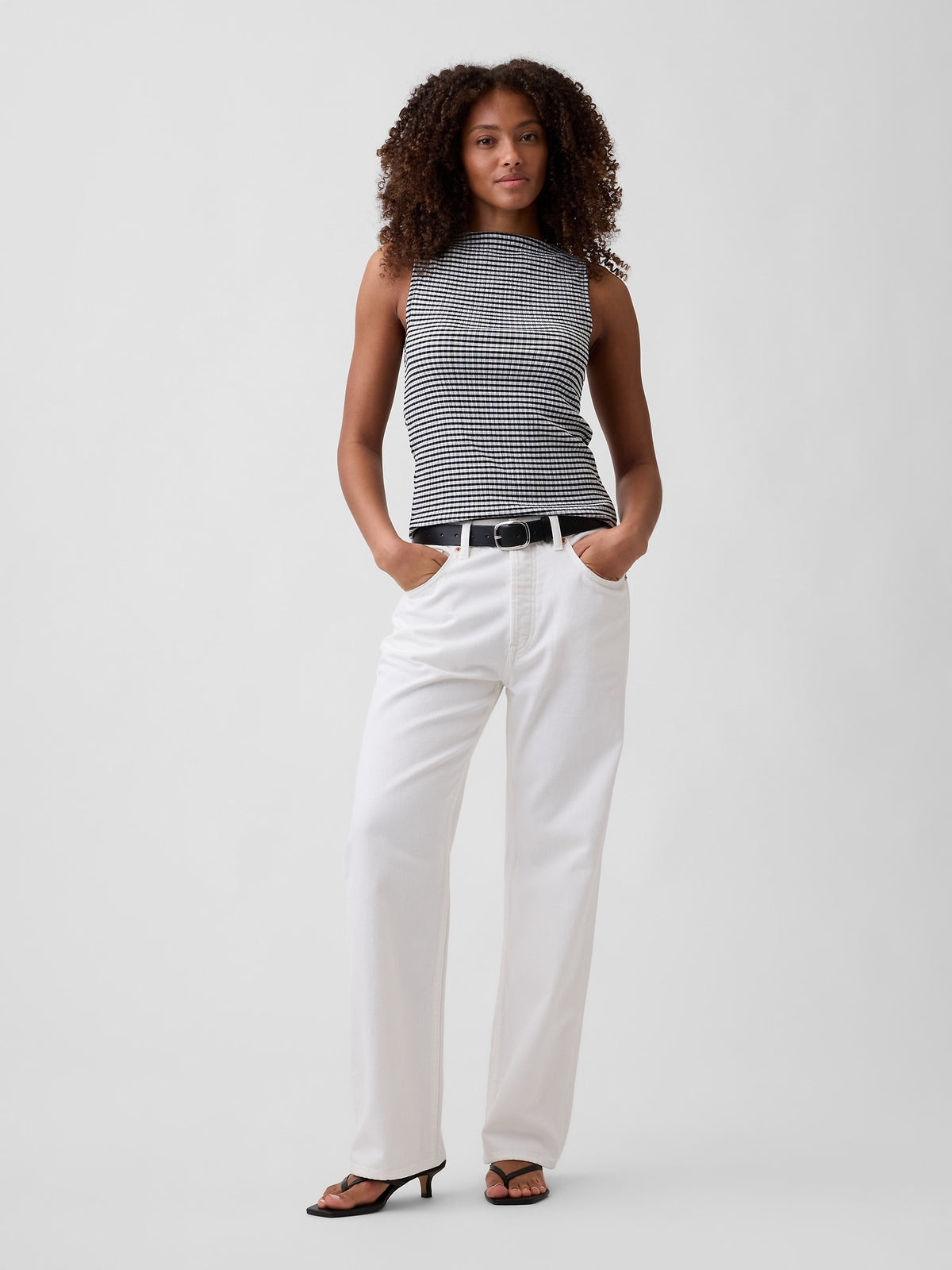 Gap Boatneck Tank Top in black and white gingham, full-length view on a model
