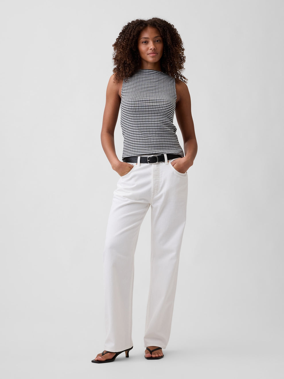 Gap Boatneck Tank Top in black and white gingham, full-length view on a model