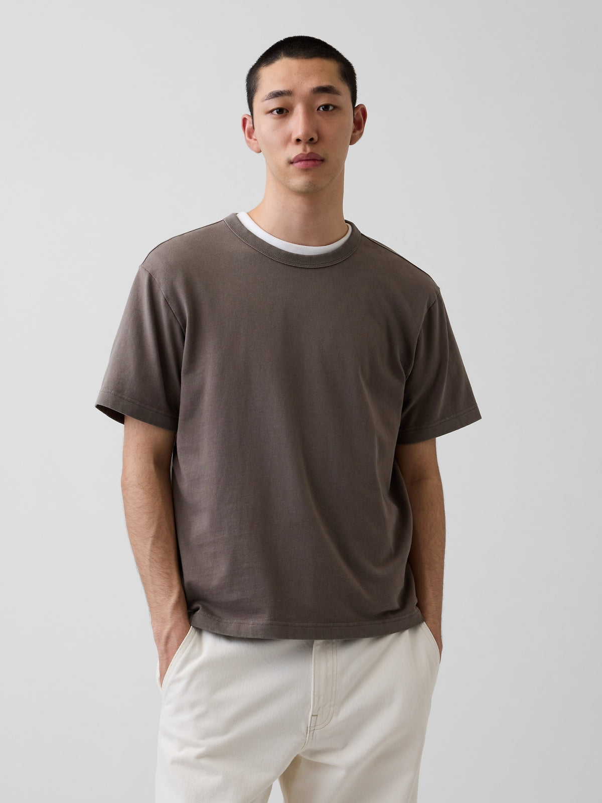 Gap Adult Heavyweight Relaxed T-Shirt in toast brown, front view on a model