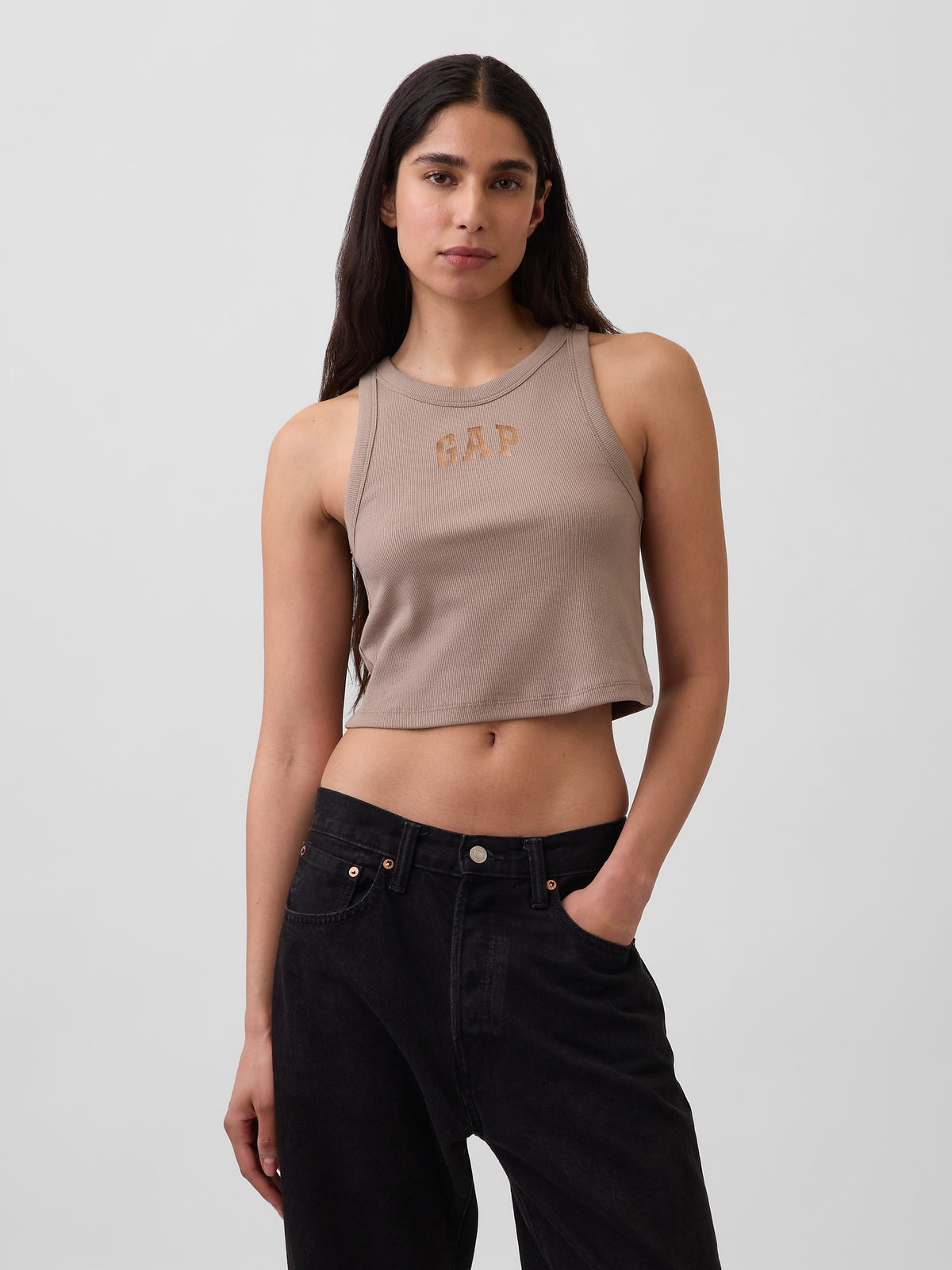 Ribbed Gap Logo Cropped Tank Top - MEDIUM COOL BROWN