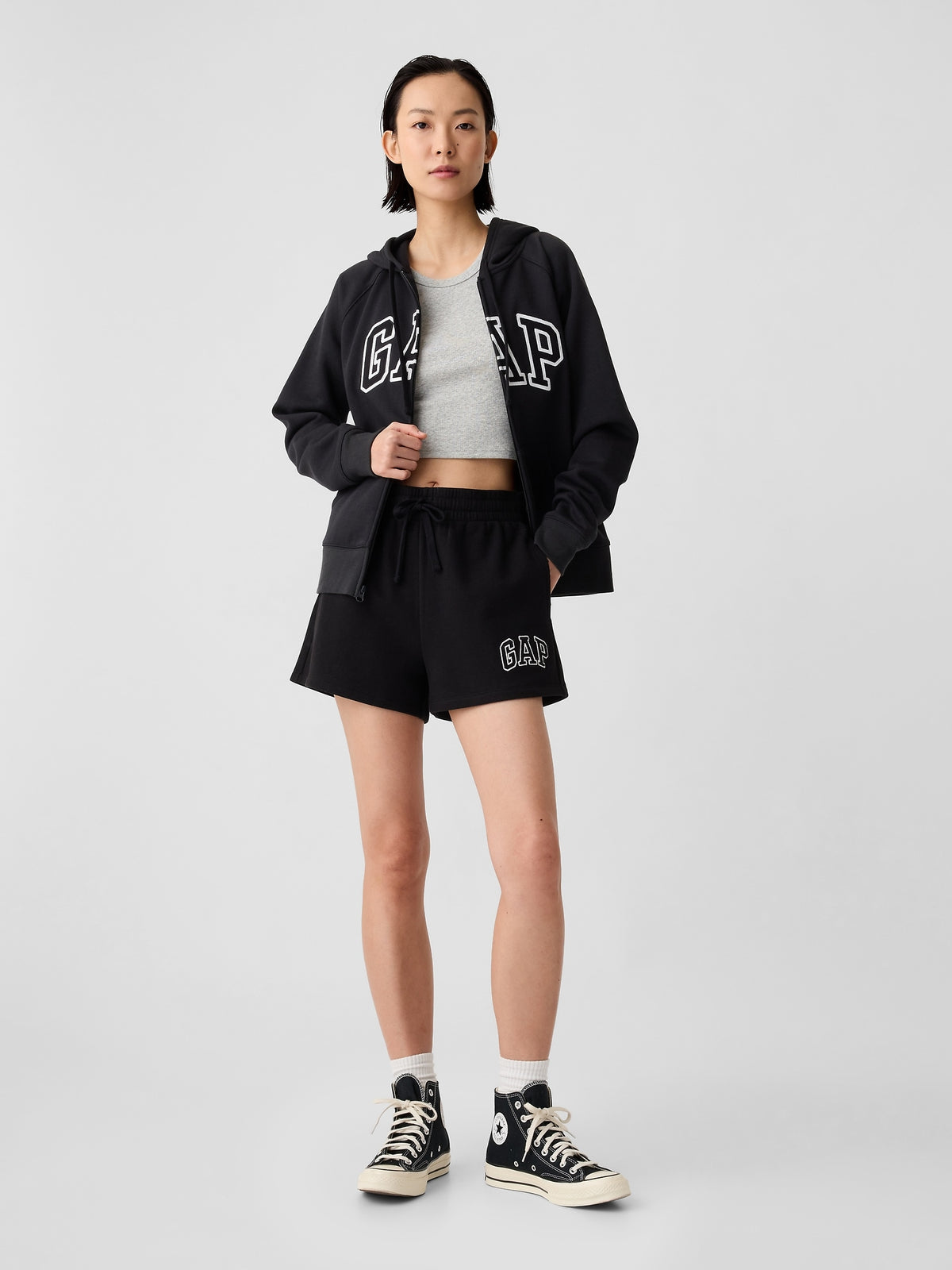 Gap Logo Shorts in true black, full-length view on a model