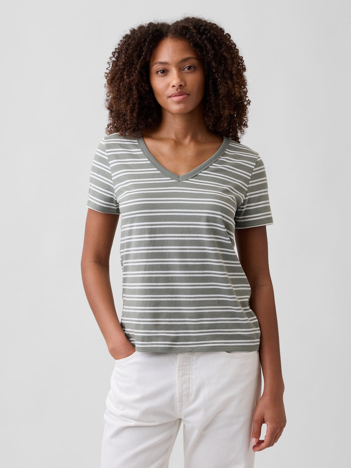 Gap Favorite V-Neck T-Shirt in Olive green stripe, front view on a model