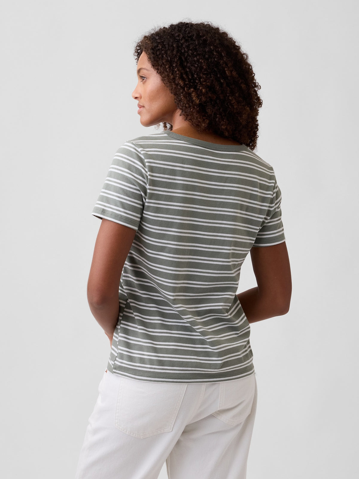 Gap Favorite V-Neck T-Shirt in Olive green stripe, back view on a model