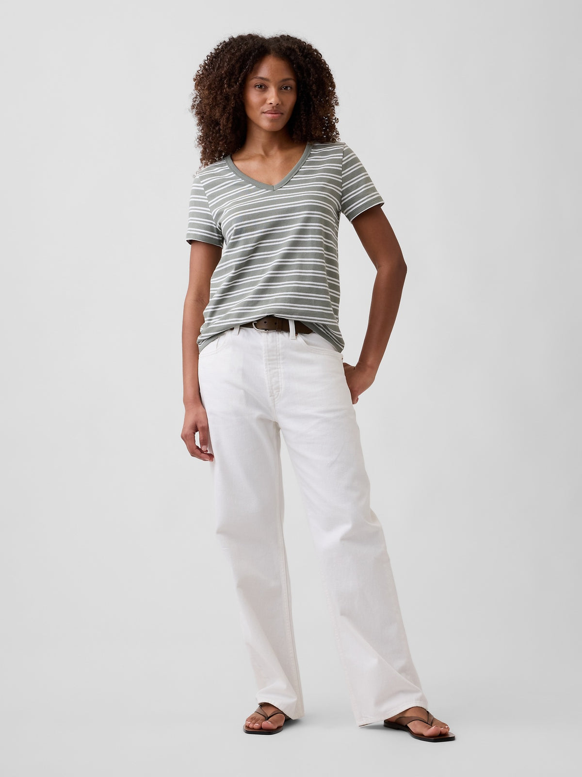 Gap Favorite V-Neck T-Shirt in Olive green stripe, full-length view on a model