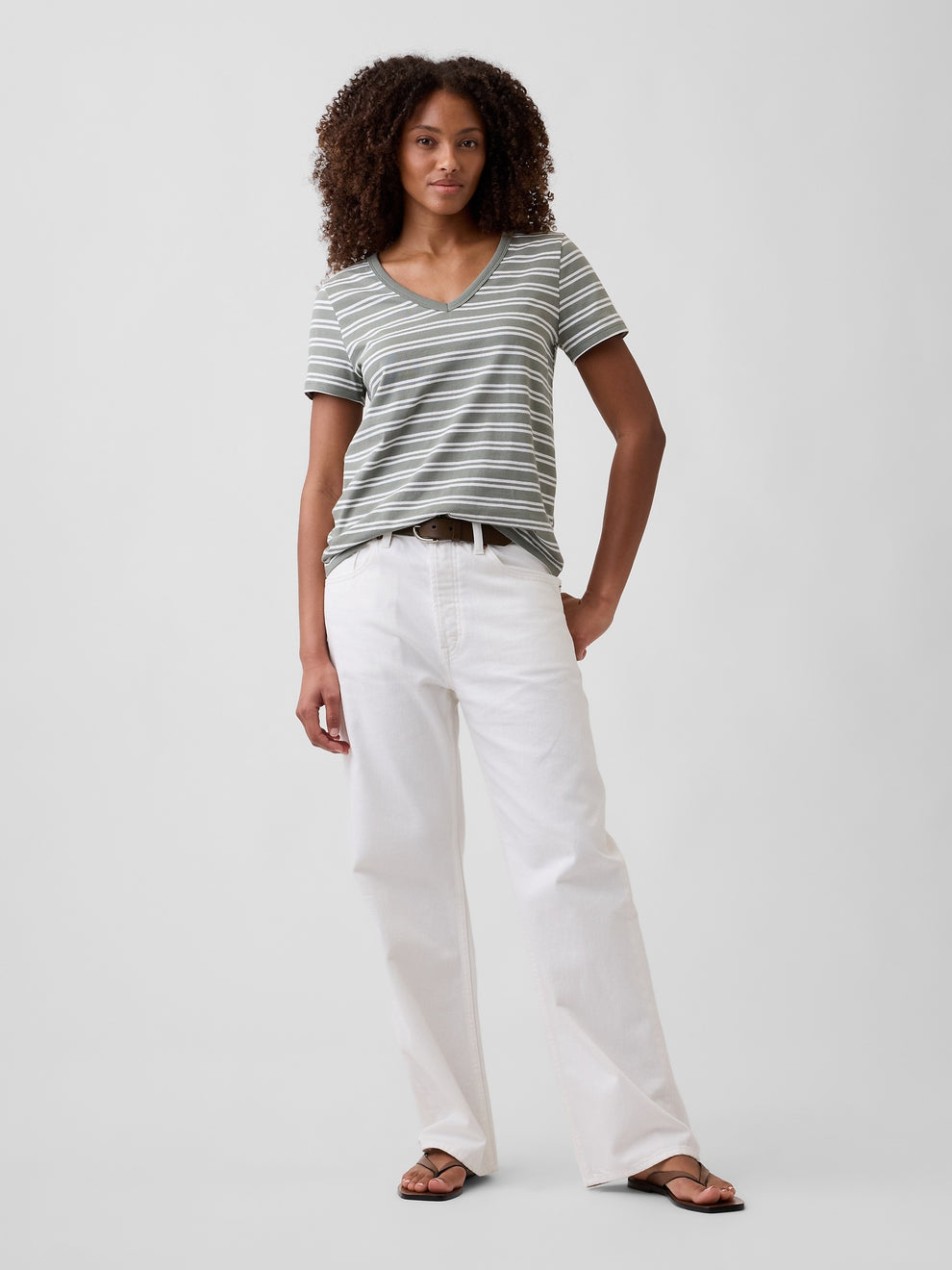 Gap Favorite V-Neck T-Shirt in Olive green stripe, full-length view on a model