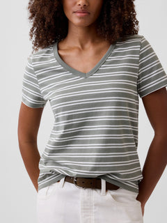 Gap Favorite V-Neck T-Shirt in Olive green stripe, neckline and stripe detail