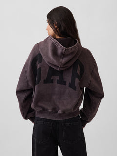 Gap VintageSoft Crop Logo Hoodie in Moonless night, back view on a model