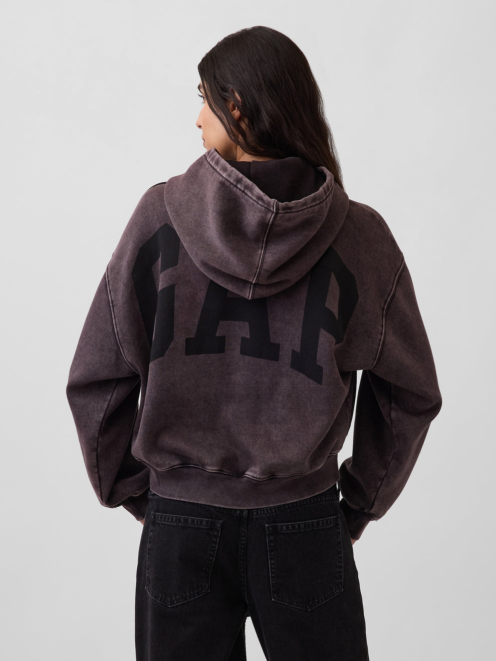 Gap VintageSoft Crop Logo Hoodie in Moonless night, back view on a model