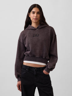 Gap VintageSoft Crop Logo Hoodie in Moonless night, front view on a model
