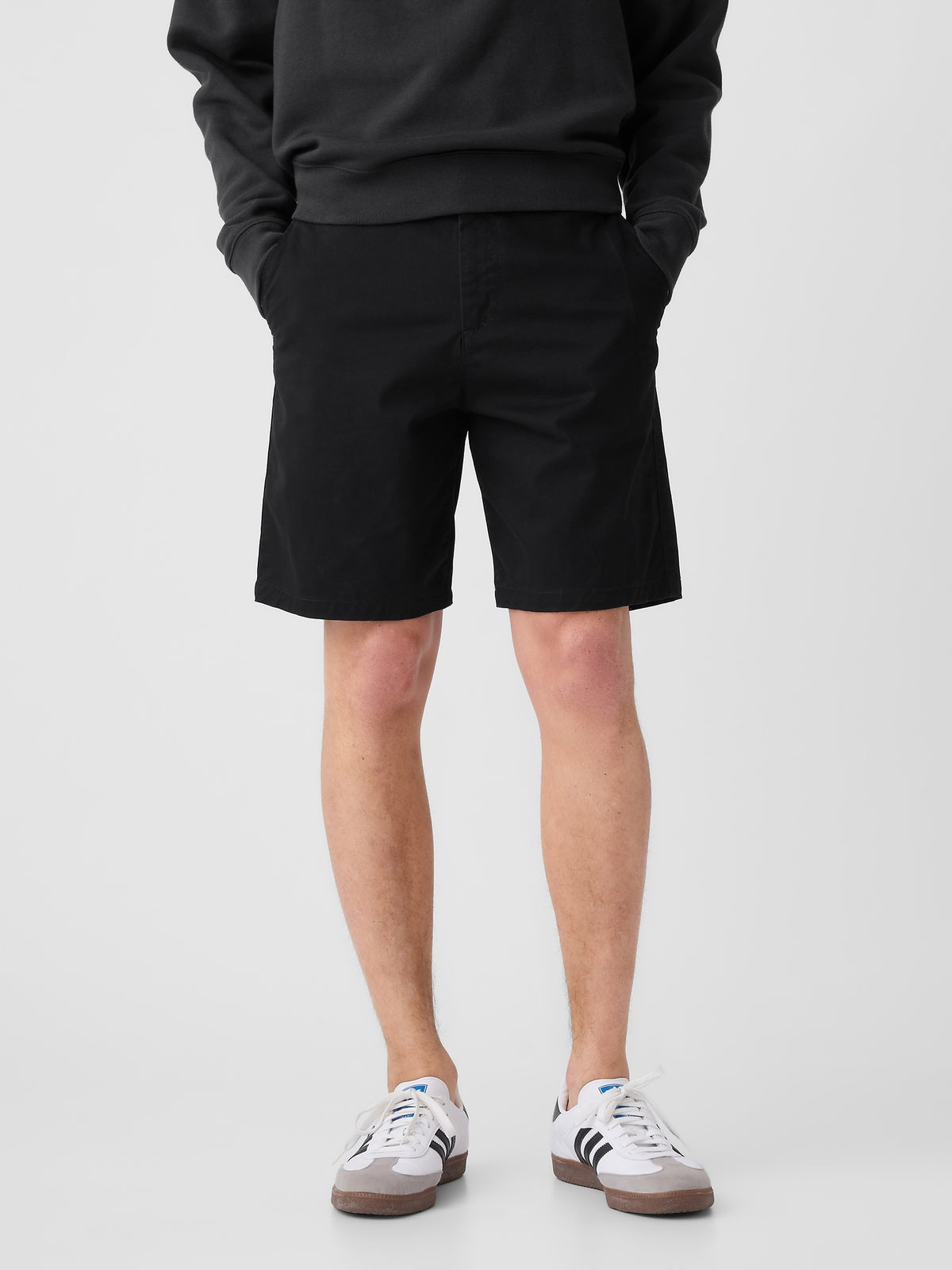 Gap 9" Essential Khaki Shorts in true black, front view on a model