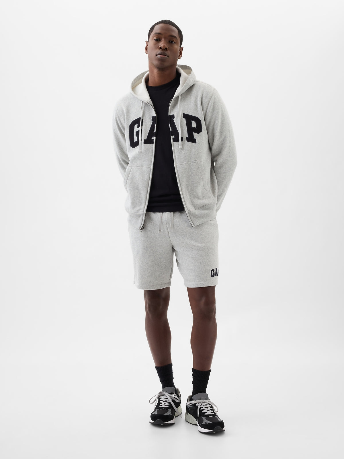 Gap Logo Shorts in light grey, full-length view on a model