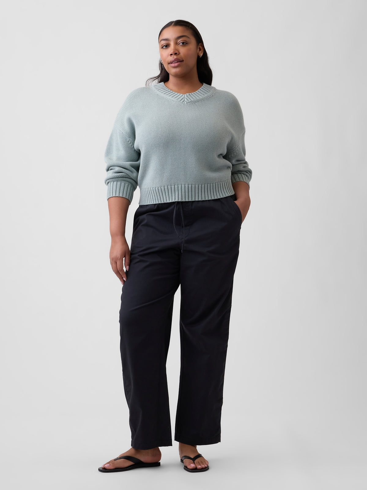 Gap Mid Rise Easy Barrel Khakis in Black moonless night, front view on a model