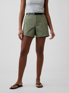 Gap 5" Mid Rise Downtown Khaki Shorts in Walden green, front view on a model