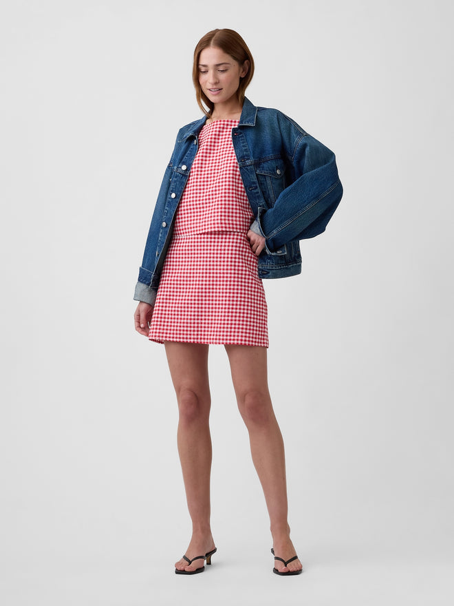 Linen-Blend Pull-On Mini Skirt in Red Gingham — styled front view