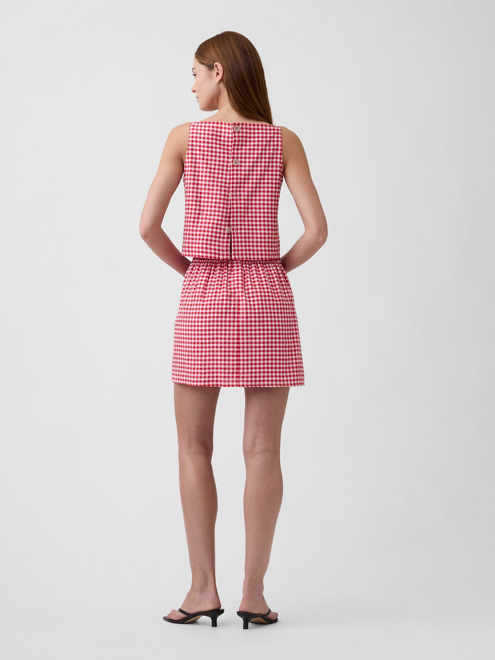 Linen-Blend Pull-On Mini Skirt in Red Gingham — rear view