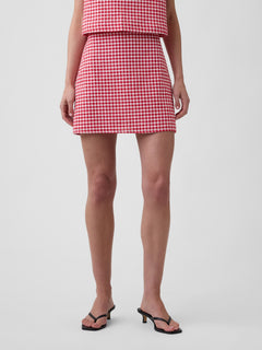 Linen-Blend Pull-On Mini Skirt in Red Gingham — front waist and length