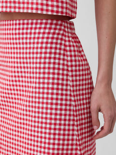 Linen-Blend Pull-On Mini Skirt in Red Gingham — fabric and waistband detail