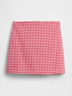 Linen-Blend Pull-On Mini Skirt in Red Gingham — product-only front view