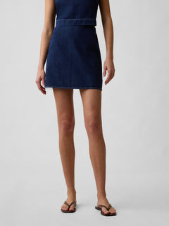 Gap Denim Mini Skirt in Dark wash, front view on a model