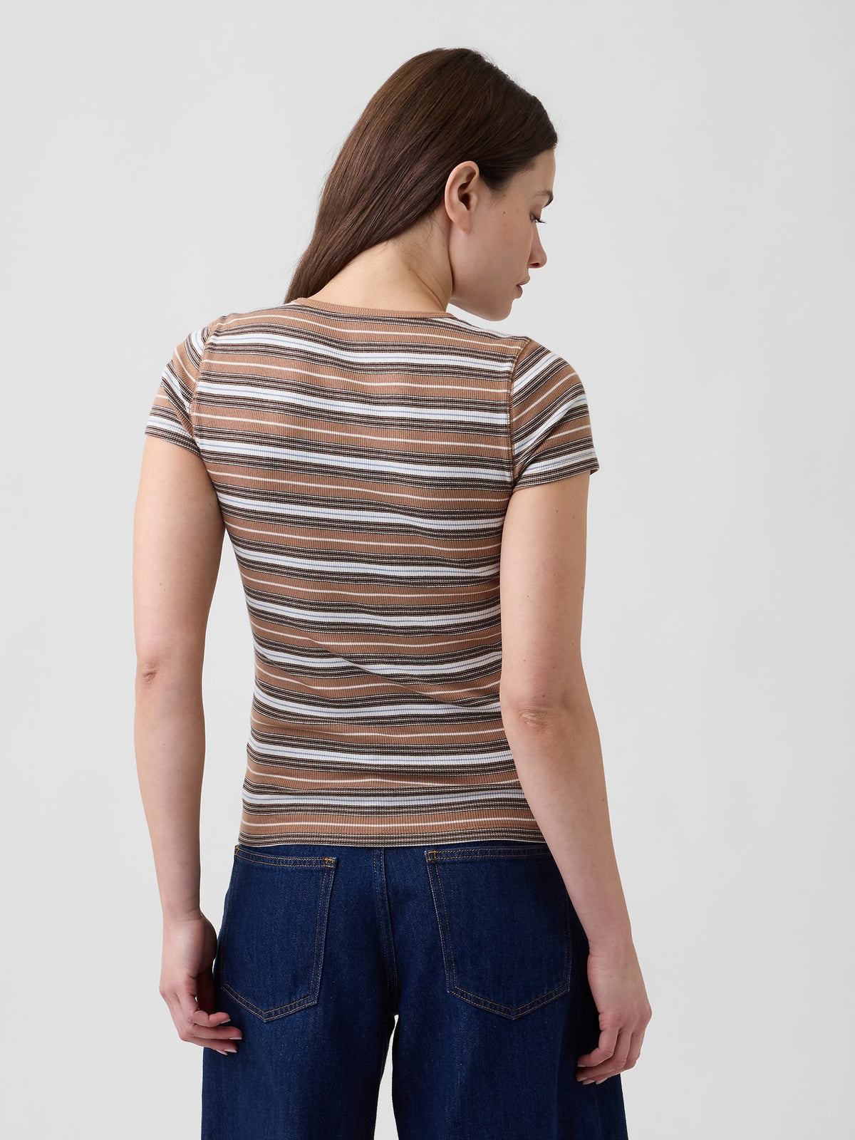 Modern Rib Gap Logo T-Shirt in brown stripe, back view on a model